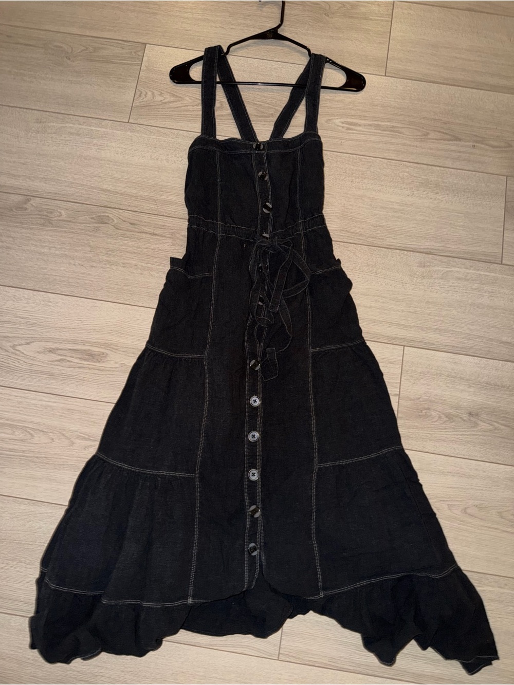Free People Black Button-Front Maxi Dress with Tie Waist